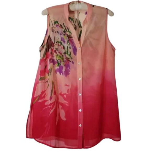 Susan Graver Tops - Susan Graver Sheer Pink Floral Blouse Tunic Swim Coverup 10 Excellent Condition